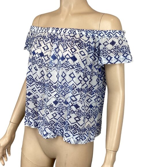 Bella‎ Dahl Off-Shoulder Blue & White Print Top Size Medium Light Weight - Picture 4 of 7